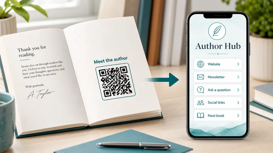 Printed book author note with a QR code leading to a mobile author hub with website, newsletter, questions, social links, and next book links.