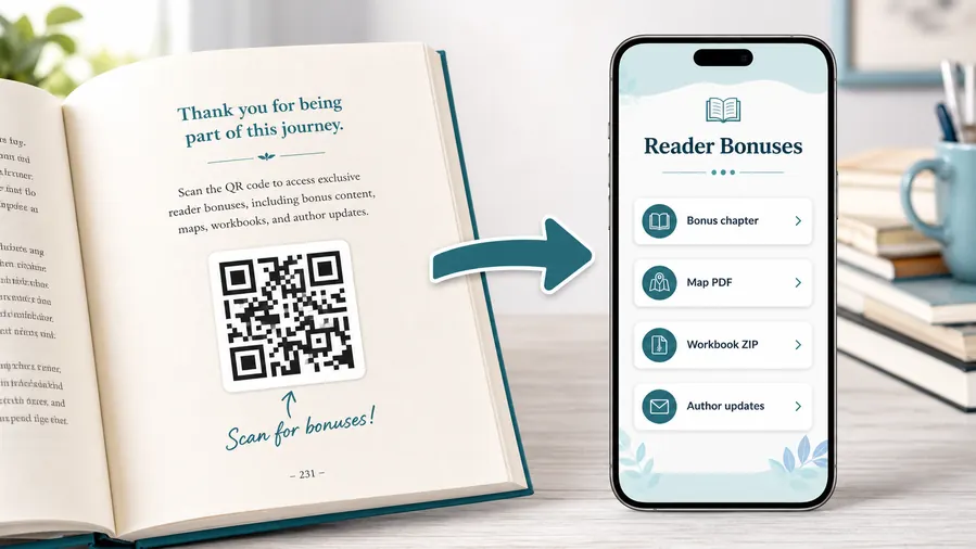 Printed book page with a QR code leading to a mobile reader bonuses page with bonus chapter, map PDF, workbook ZIP, and author updates.