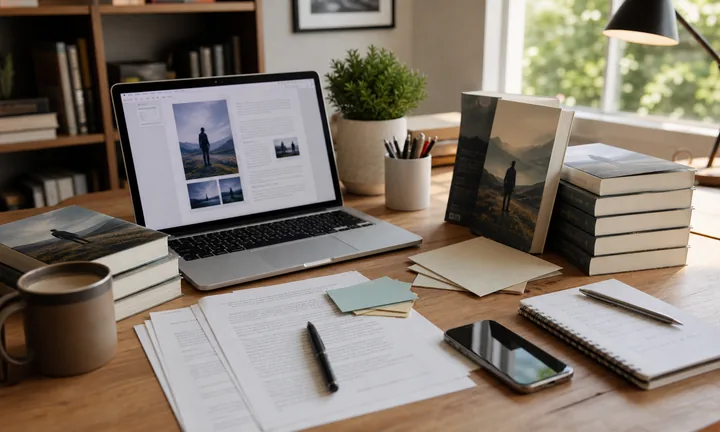 Spazio di lavoro per autori e self-publisher con manoscritto, laptop, libri e materiali di lancio.