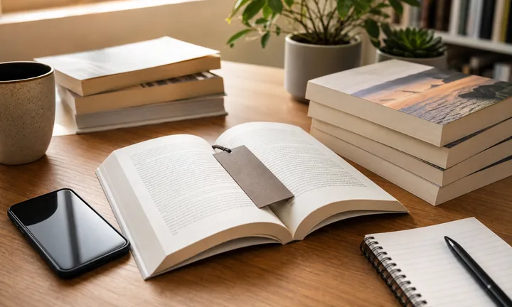 Libri stampati, pagine interne aperte, segnalibro e smartphone per flussi di lavoro QR per libri.
