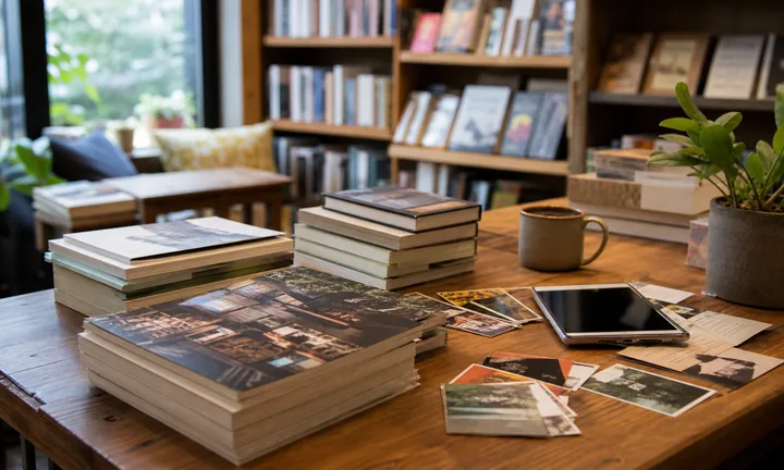 Tavolo di libreria e biblioteca con libri, materiali di lettura e smartphone per codici QR di risorse per lettori.