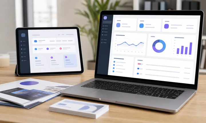 Laptop und Tablet, die abstrakte Analysen und bearbeitbare Zielpanels für dynamische QR-Workflows anzeigen.