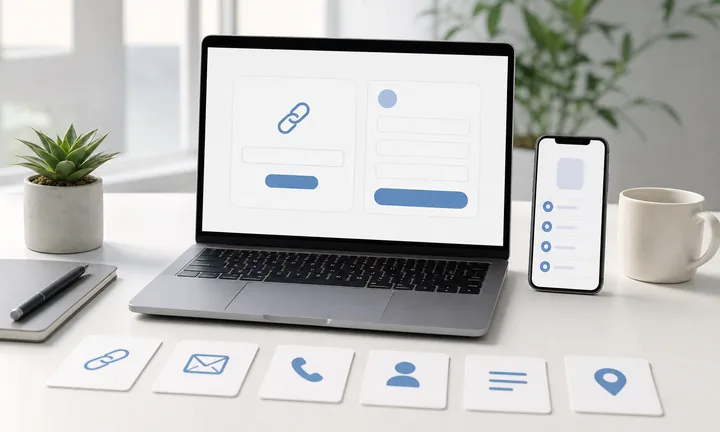 Laptop und Smartphone mit abstrakten Symbolen für URL, E-Mail, Telefon, vCard, Text und Karten-QR-Payload-Typen.