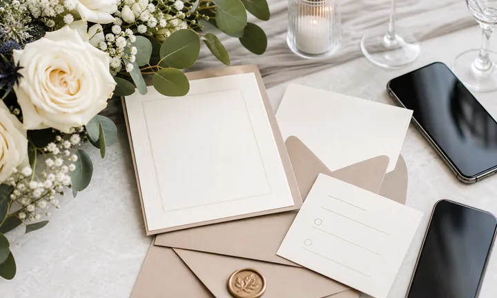 Dettagli dell'invito di matrimonio e RSVP su un tavolo di ricevimento con smartphone.