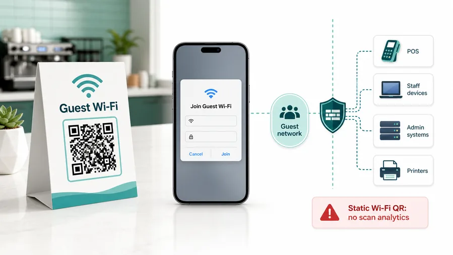 Guest Wi-Fi QR code opening a native join prompt while a guest network is separated from POS, staff devices, admin systems, and printers.