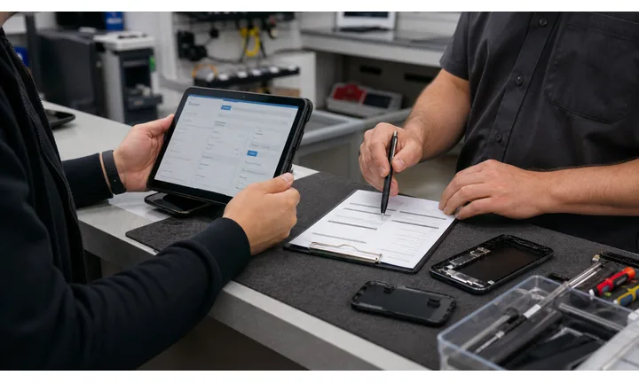 Banco di un negozio di riparazione con tecnico, tablet per ticket di servizio, attrezzi e documenti di garanzia.