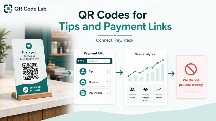 QR codes on receipts, tip cards, taxi signs, salon cards, and donation posters opening a payment page while QR Code Lab shows scan analytics only.