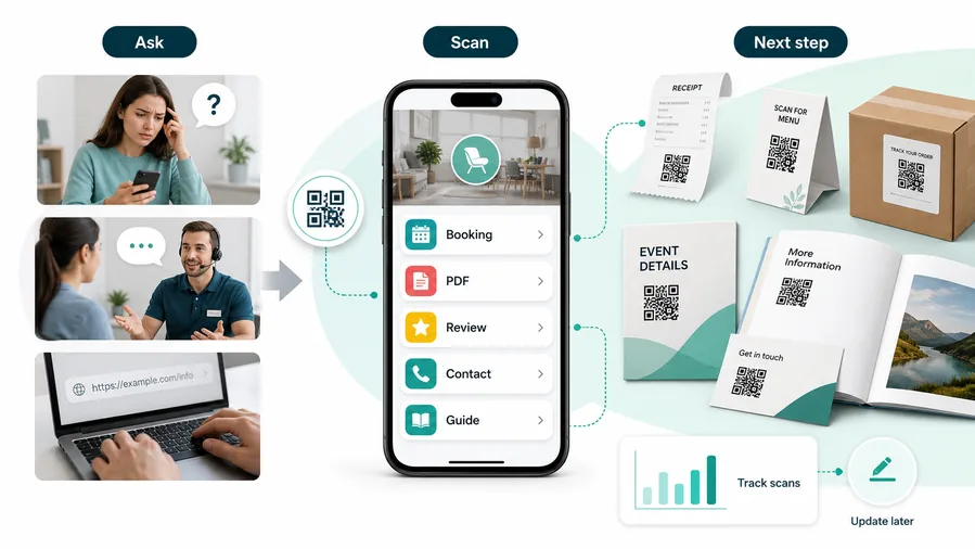 I codici QR riducono la frizione per i clienti trasformando ricevute, cartelli, pacchi, poster, pagine di libri e biglietti da visita in passaggi autonomi con pulsanti, file, recensioni, prenotazioni, analisi e controlli di aggiornamento.