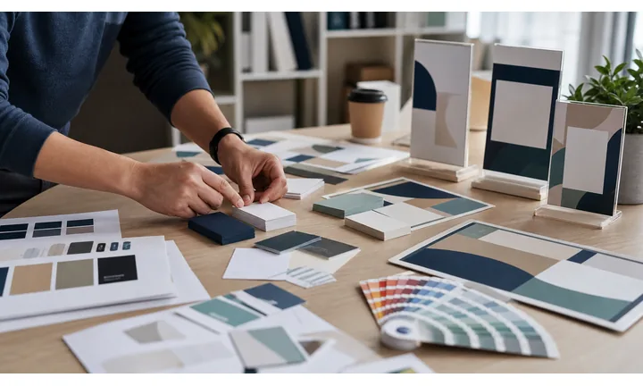 Business cards, frame mockups, color swatches, and printed branding layouts.