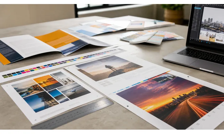 Printed flyers, brochures, color proofs, and layout materials on a design desk.