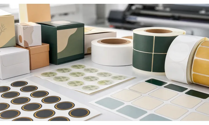 Printed labels, sticker rolls, and packaging samples for QR code layout planning.