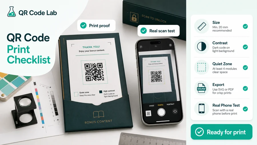 QR code print proof with size, contrast, quiet zone, and mobile destination testing.