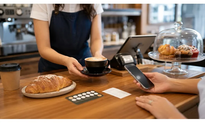 Banco del caffè con caffè, dolci, carta fedeltà, ricevuta e smartphone del cliente.