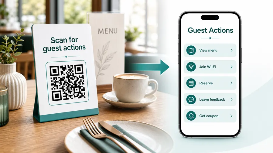 Cafe table tent with a QR code leading to a mobile guest actions page for menu, Wi-Fi, reservation, feedback, and coupon.