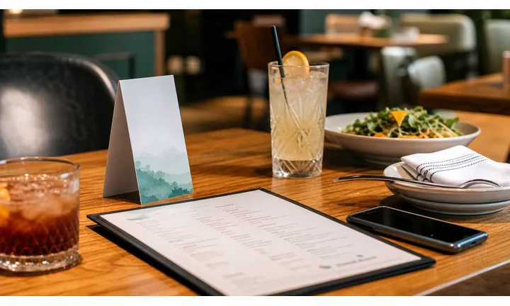 Tavolo del ristorante con menu, segnaposto, bevande, cibo e smartphone per flussi di lavoro QR.