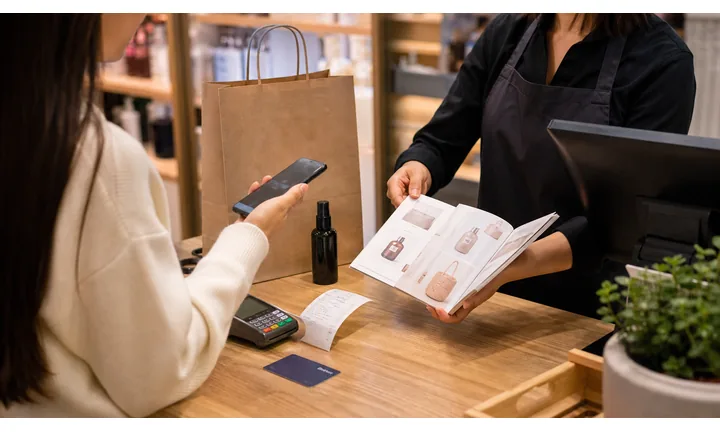 Banco di checkout al dettaglio con catalogo prodotti, ricevuta, carta fedeltà e smartphone.
