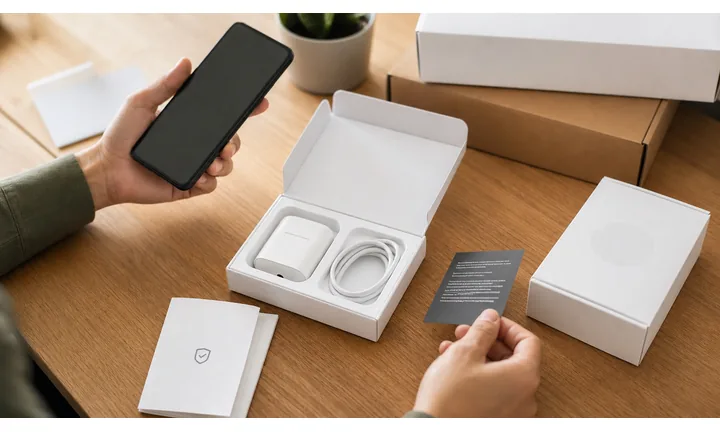 Confezione del prodotto, manuale, carta di garanzia e smartphone per flussi di supporto QR.