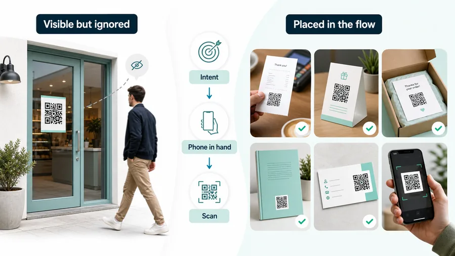 Facebook QR code placement examples on receipts, posters, cards, storefront signs, and event handouts.